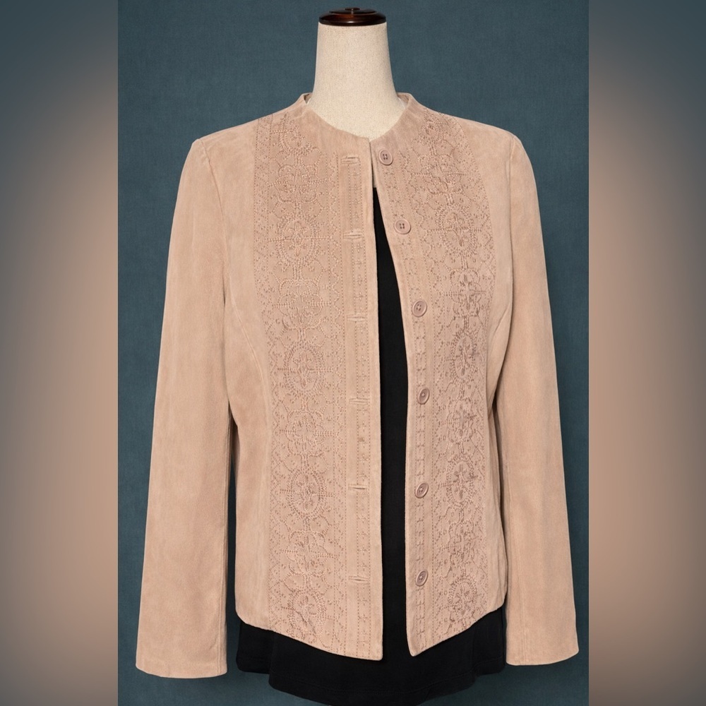 Pink leather embroidered jacket blazer.  Front details, button up, 8-10